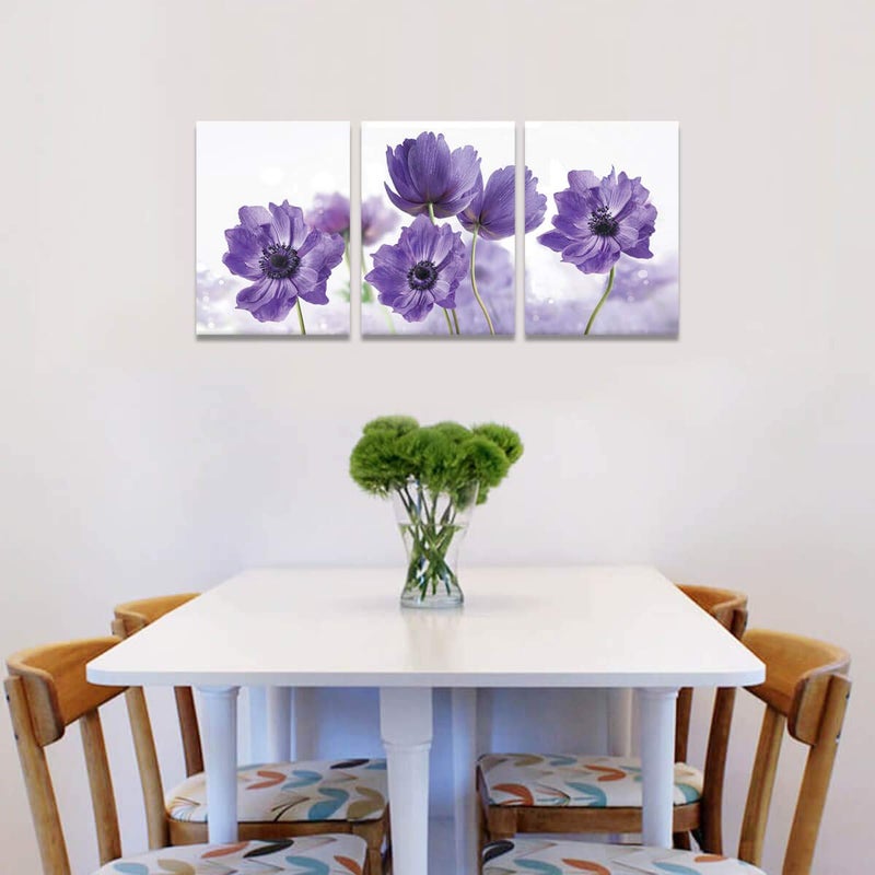 KAKEMONO 3 Piece Canvas Wall Art Set: Purple Flower Bloom Close Up Prints on Wooden Wrapped Canvas, Modern Minimalist Artwork for Bedroom, Kitchen, Living Room, Office - Image 3